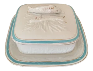 Antique Late 19th Century French Porcelain Sardine Box on Tray