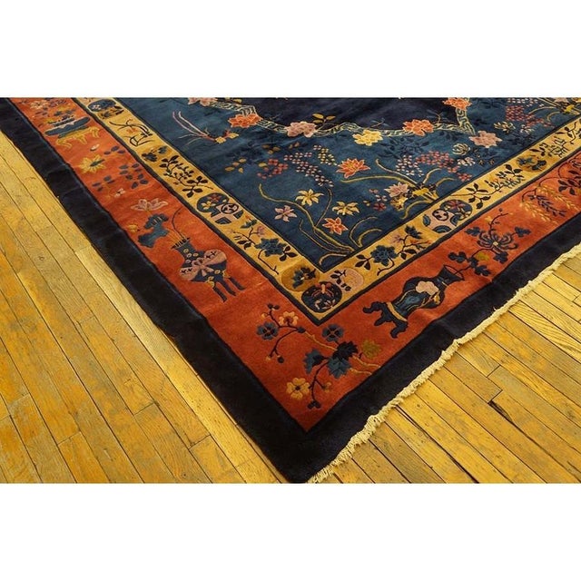 Chinese 1900s Traditional Chinese Vase Navy Blue Field Antique Peking Room Size Wool Rug For Sale - Image 3 of 6