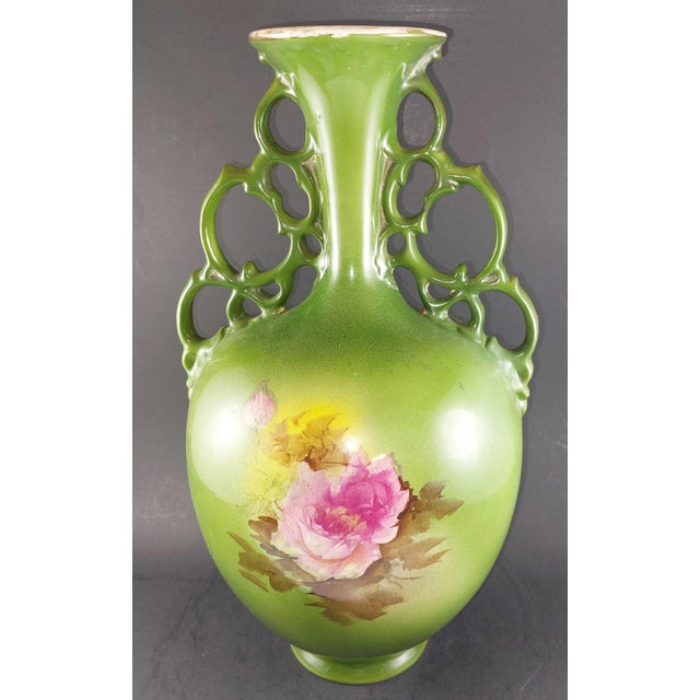 Offered here is a stunningly beautiful antique double-handled (scrolled) vase. There are hand painted images of roses on...