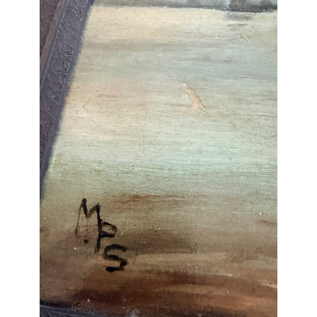 Antique Tonalist Harbor Scene Oil on Canvas Signed MPS in Period Wood Frame For Sale - Image 11 of 11
