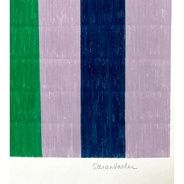 This color pencil drawing on paper features blocky stripes in saturated warm and cool colors including light blue, salmon,...