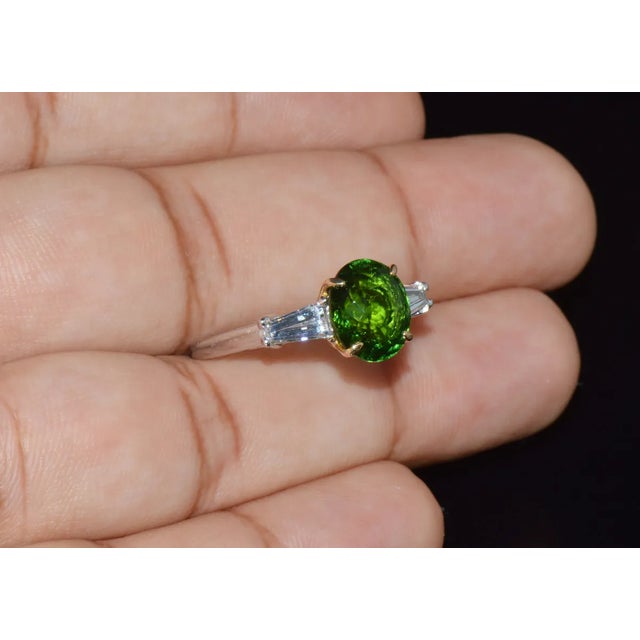 Certified Natural 3.85CTS VS F Diamond Green Tourmaline 18K Soild Gold Platinum 3 Stone Ring, size 7 For Sale In Dallas - Image 6 of 10