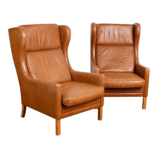 ​​​​​​​Pair, Mid Century Modern Brown Leather Ear Flap Club Chairs by Mogens Hansen From Denmark For Sale