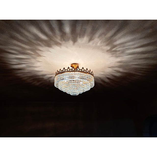 1960s Vintage French Crown Style Flush Mount Brass Chandelier With Soft Blue Crystals⁠ For Sale - Image 14 of 17