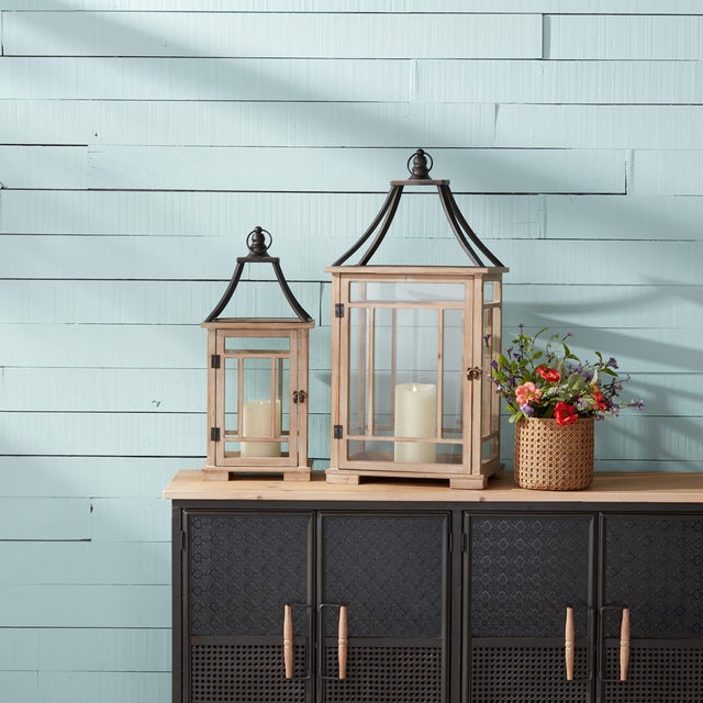 Modern Natural Wood Lantern with Open Metal Lid (Set of 2) For Sale - Image 3 of 4