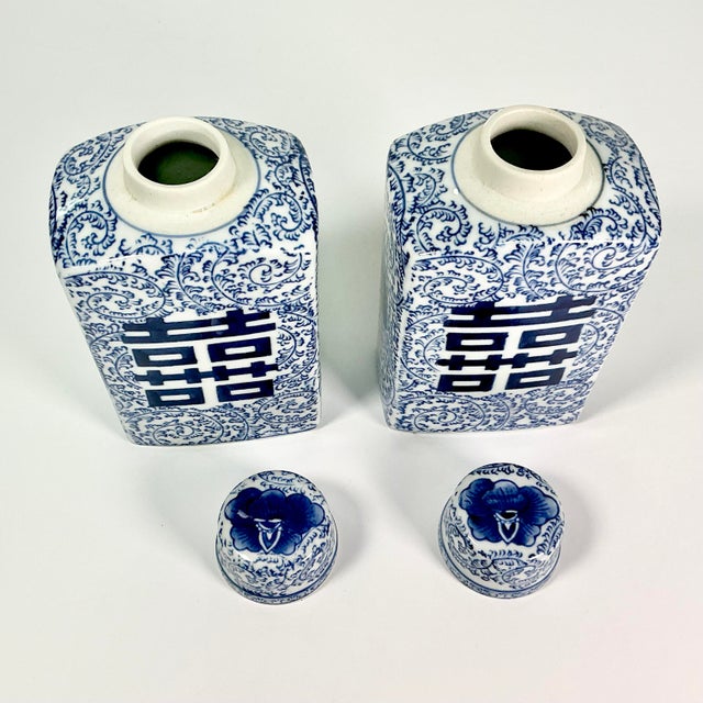 Mid-Century Boho Chic Chinoiserie Hollywood Regency Blue & White Square Happiness Ginger Jars - A Pair For Sale - Image 13 of 15