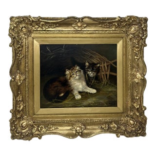 Antique English Edwardian Oil Painting on Canvas Cats Kittens at Play Dated 1907 For Sale