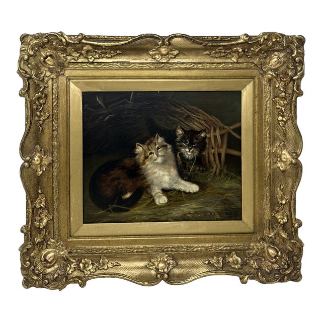 Antique English Edwardian Oil Painting on Canvas Cats Kittens at Play Dated 1907 For Sale
