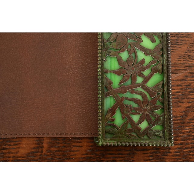 Apollo Studios New York Arts & Crafts Grapevine Pattern Bronze and Slag Glass Blotter Ends With Leather Desk Blotter For Sale - Image 9 of 15