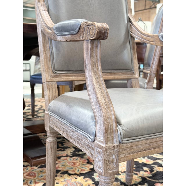 Dove Gray Set of 6 Restoration Hardware French Square Back Leather Dining Chairs For Sale - Image 8 of 12