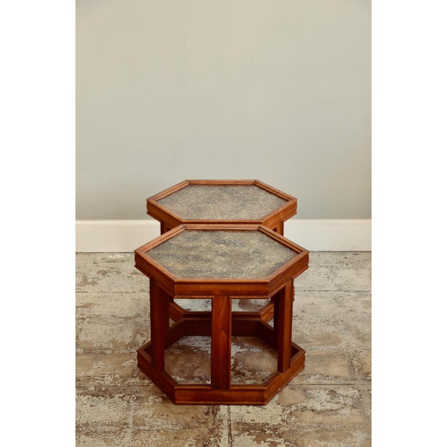 Pair of Occasional hexagonal tables by John Keal for Brown-Saltman. Stamped and labeled. Practical and versatile.