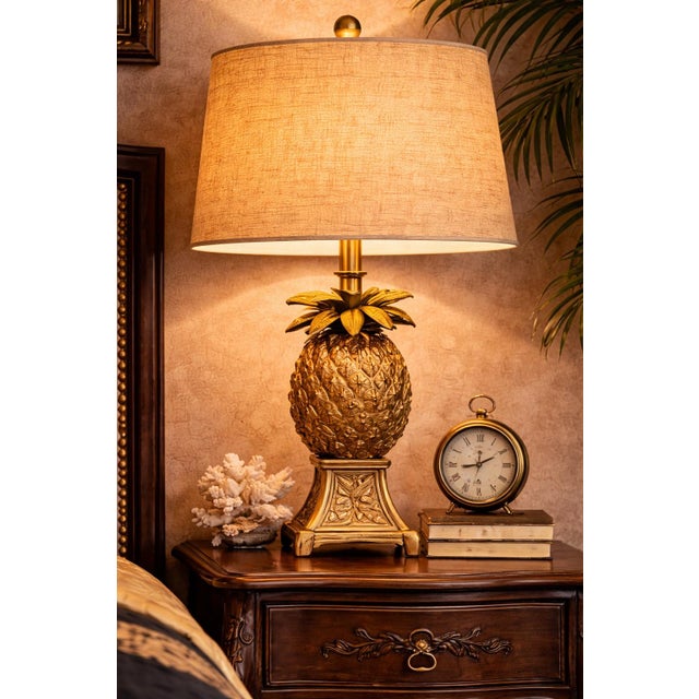 Textile Late 20th Century Petite Tropical Palm Tree & Pineapple Table Lamps With Raffia Drum Shades – Palm Beach Coastal Regency Style, 16” H For Sale - Image 7 of 10