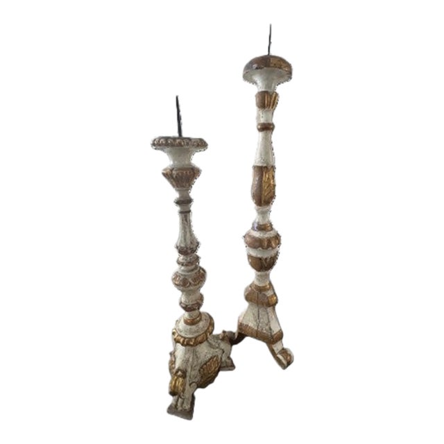 Pair of Antique Italian Carved Wood Candlesticks With Gilt Details For Sale