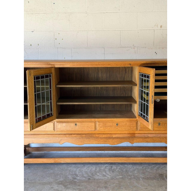 Henning Kjærnulf Oak Sideboard Credenza With Leaded Glass Doors Danish Mid-Century Modern 1970s For Sale In Los Angeles - Image 6 of 13