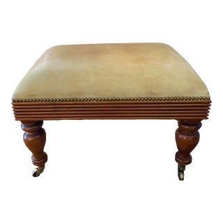 Mid 20th Century Grange Leather and Wood Ottoman with Brass Casters For Sale
