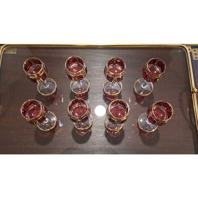 Early 20th Century Moser Bohemian Cut to Clear Paneled Cranberry Red Gold Gilt Stemmed Cordial Glasses - Set of 8 For Sale - Image 16 of 18