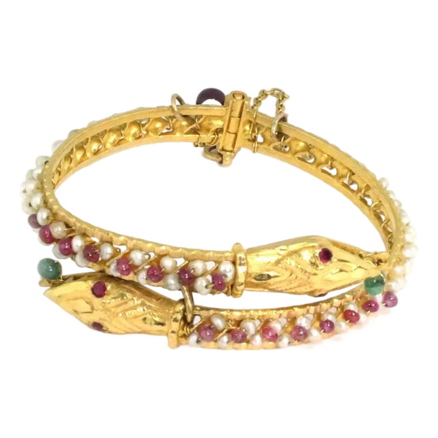 Estate Ruby Emerald Perls 21k Gold Double Snake Head Bypass Bracelet For Sale