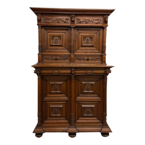 Late 19th Century French Renaissance Style Carved Walnut Buffet With Figural Heads & Bronze Hardware