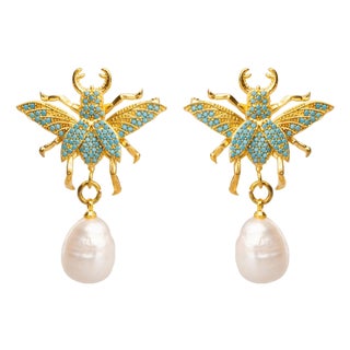 Divine Connection Queen Bee Turquoise & Gold Chunky Earrings, A Pair For Sale