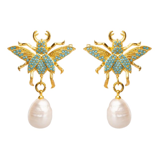 Divine Connection Queen Bee Turquoise & Gold Chunky Earrings, A Pair For Sale