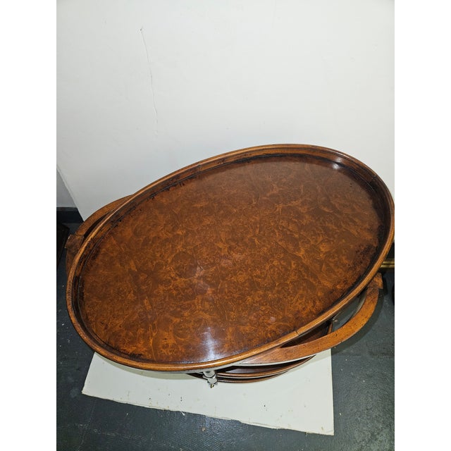 Henredon Burl Walnut Three Tier Table by Henredon on Tiny Brass Castors For Sale - Image 4 of 5