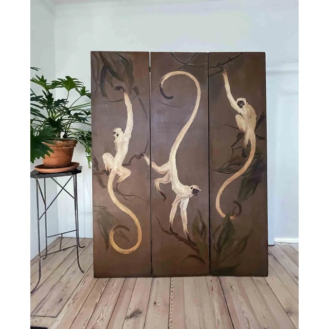 Folding Screen Large Antique Wooden Hand Painted For Sale - Image 4 of 12