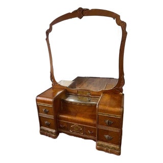 1930s Art Deco Walnut & Burl Wood Waterfall Vanity With Mirror For Sale