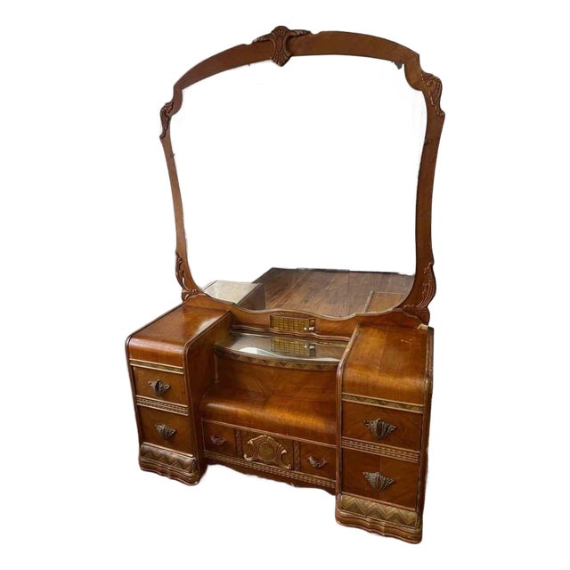 1930s Art Deco Walnut & Burl Wood Waterfall Vanity With Mirror For Sale