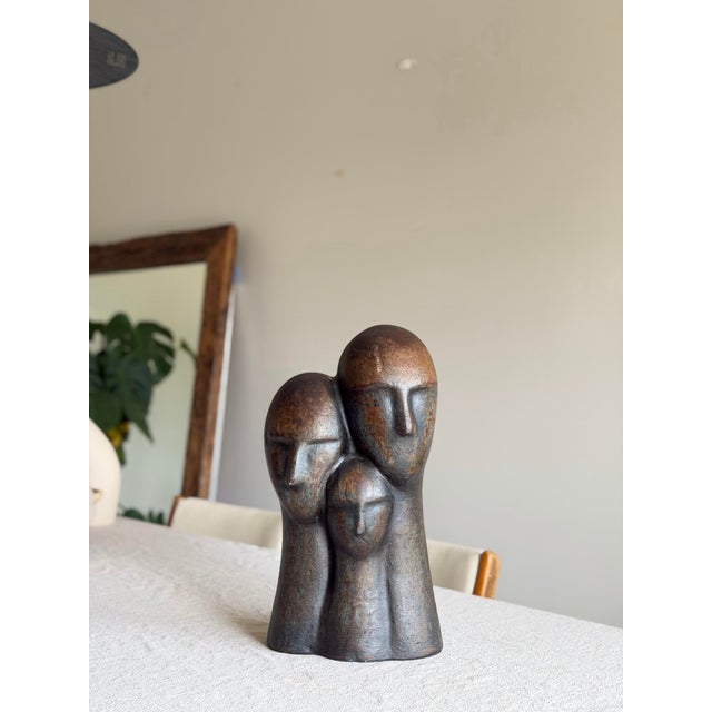 Ceramic 1970s Modernist Three-Head Bust Sculpture of Bronzed Terracotta in Brancusi / Modigliani Style Abstract Figurative Ceramic For Sale - Image 7 of 12
