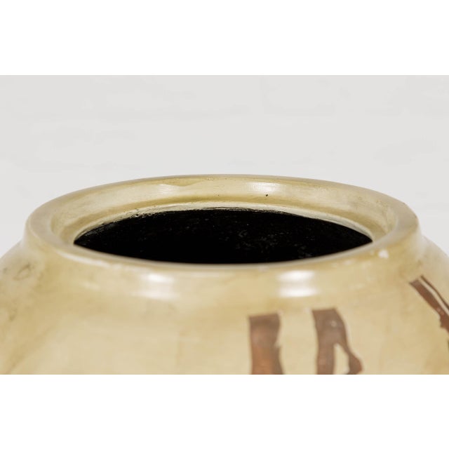 Japanese Antique Mustard Glaze Ceramic Planter with Incised Butterfly Decor For Sale - Image 11 of 12