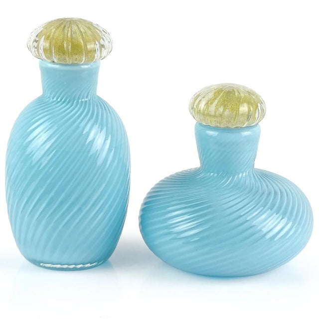 Mid-Century Modern Murano Signed 1985 Sky Blue Gold Leaf Stoppers Italian Art Glass Vintage Vanity Dresser Bottles For Sale - Image 3 of 5