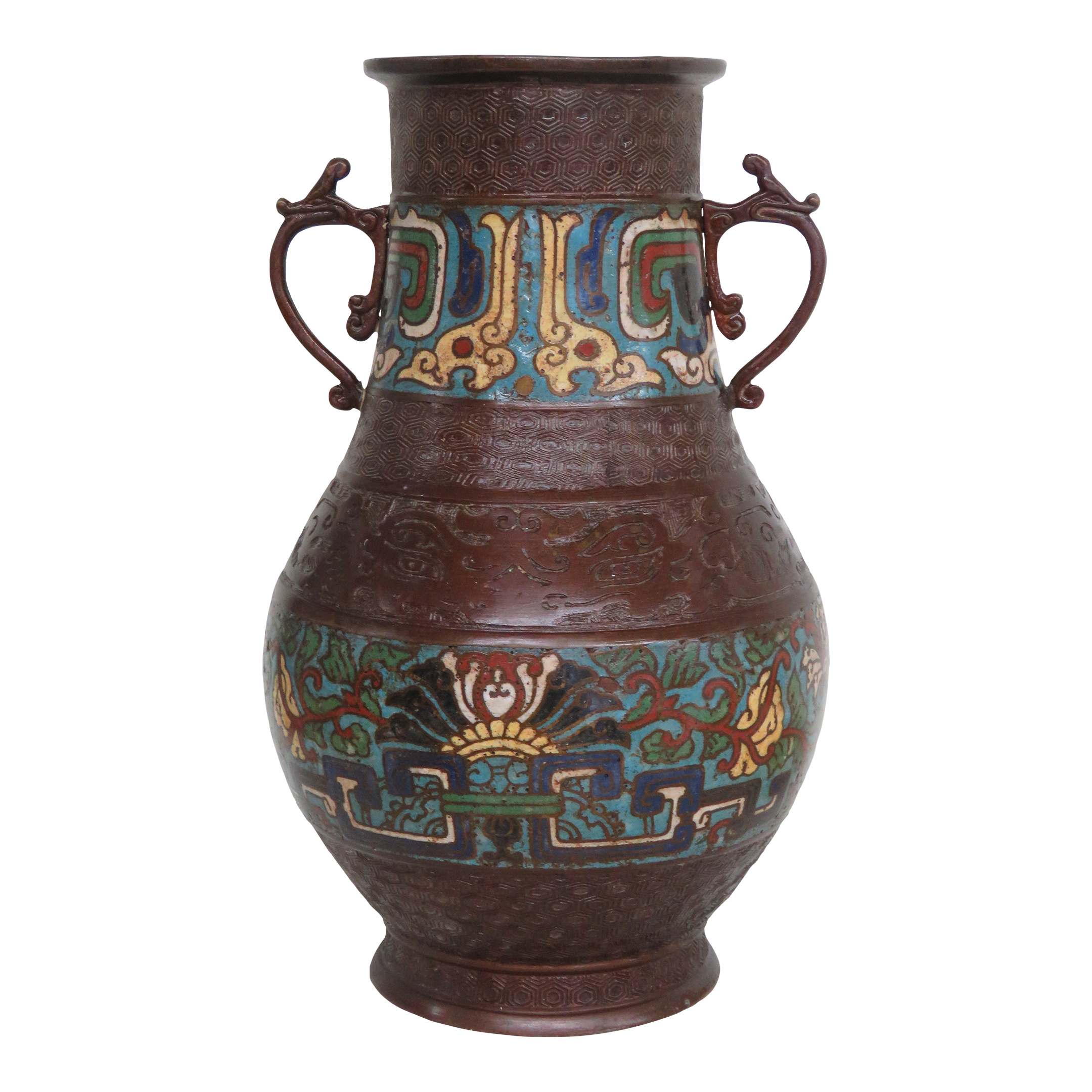 工芸品 Japanese Bronze Glazed Vase with Handles A tall Japanese bronze vase with elephant head handles for