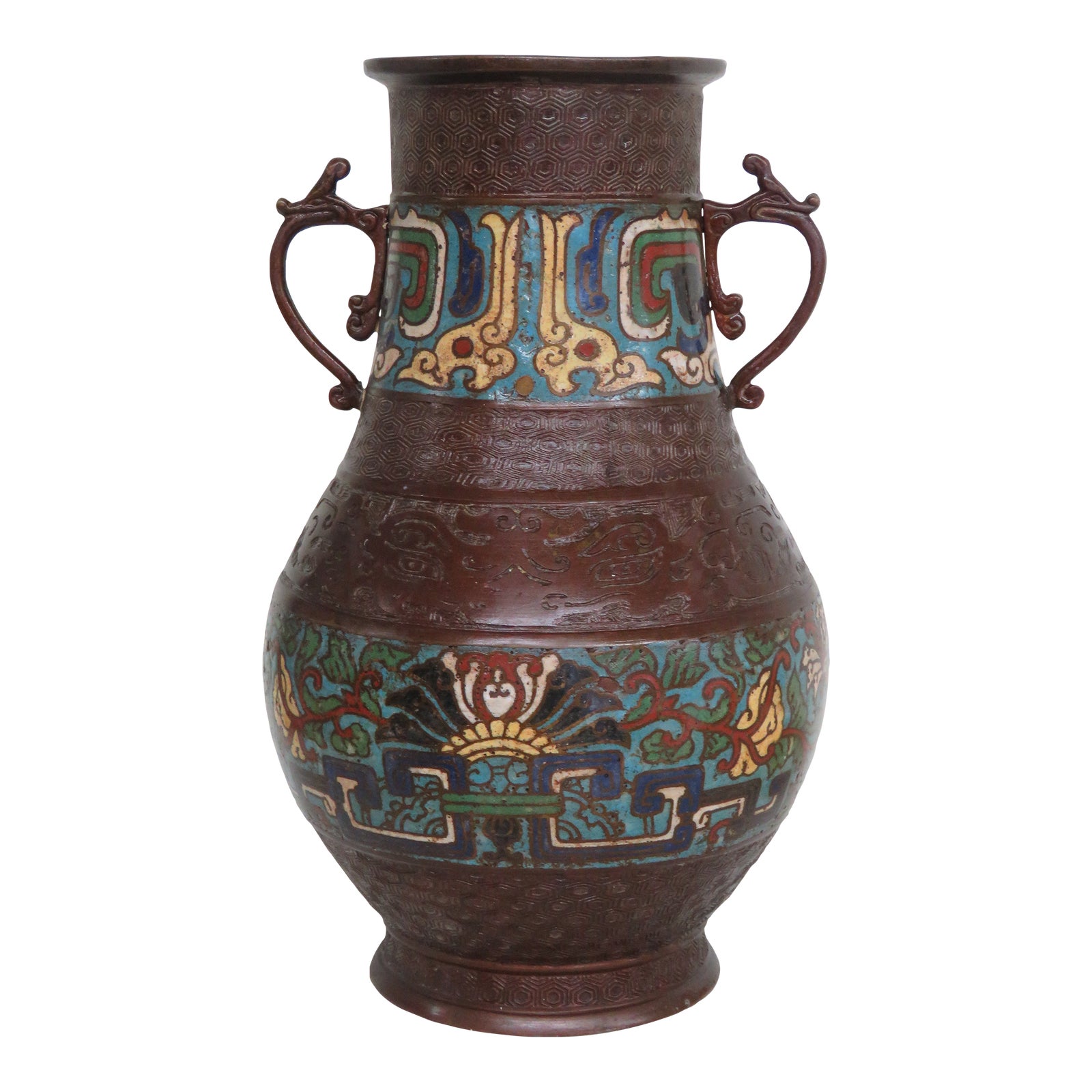 Japanese Bronze Enamel Cloisonne Vase Handled Made in Japan