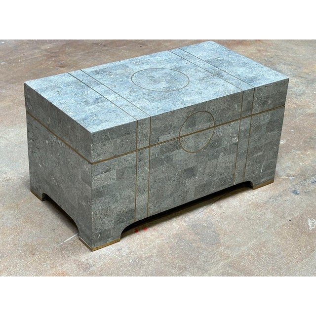 Postmodern Maitland Smith Tessellated Stone Trunk W/Brass Inlay, 1980 For Sale - Image 3 of 6