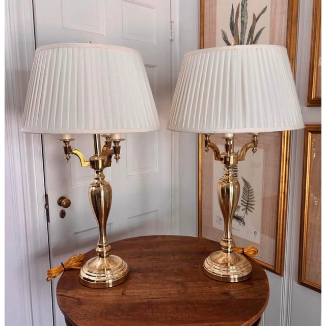 Vintage Tall Heavy Brass Three Arm Bouillotte Lamps With Creamy Off White Pleated Shades - a Pair For Sale - Image 6 of 10