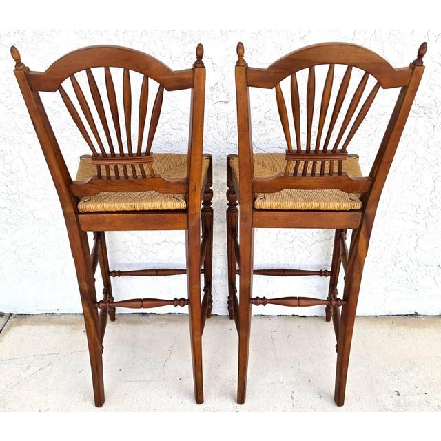 Ethan Allen Country French Wheat Sheaf Back Rush Seat Bar Stools Set of 2 For Sale - Image 14 of 18
