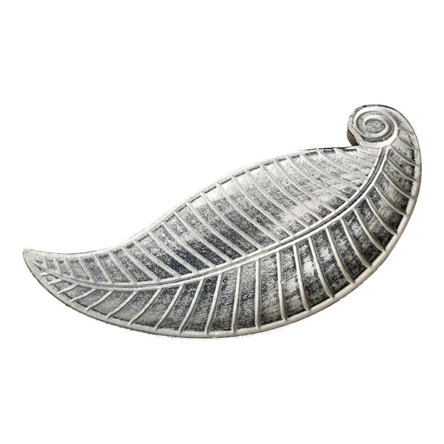 1990s White Washed Carved Wooden Leaf Tray For Sale