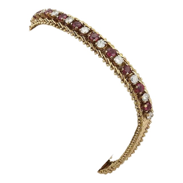 Diamond & Ruby Gold Bracelet14k Yellow Flexible Band Vintage For Sale