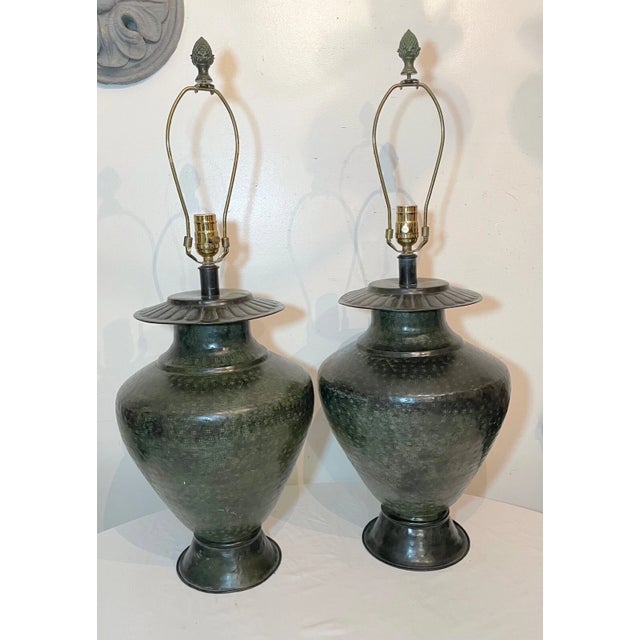 1990s Large Pair of Modern Hand Made Hand Hammered Patinated Bronze Table Lamps For Sale - Image 4 of 12