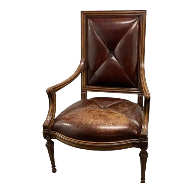 18th C Style Hendrix Allardyce Tufted Leather Giltwood Arm Chair - 1 of 2 For Sale