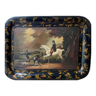 Fine Large English Antique Toleware Tray With Hunt Scene, 19th Century For Sale