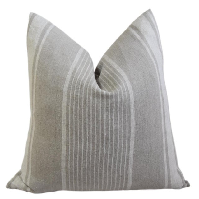 French Coastal Taupe and White Stripe Linen Feather/Down Pillow For Sale In Los Angeles - Image 6 of 6