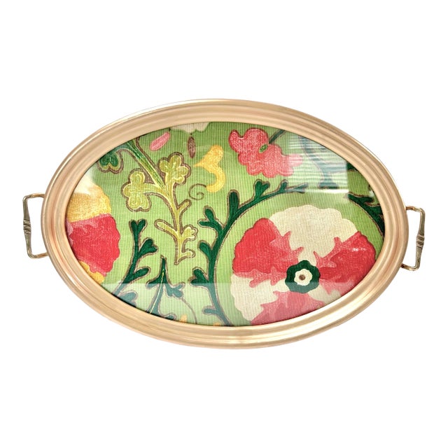 1960s Oval Brass Gallery Tray With Designer Floral Fabric Insert & Velvet Back For Sale