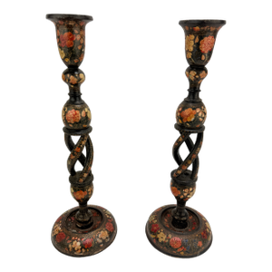 Pair, Antique Kashmiri Barley Twist Polychrome Decorated Candlesticks 16"