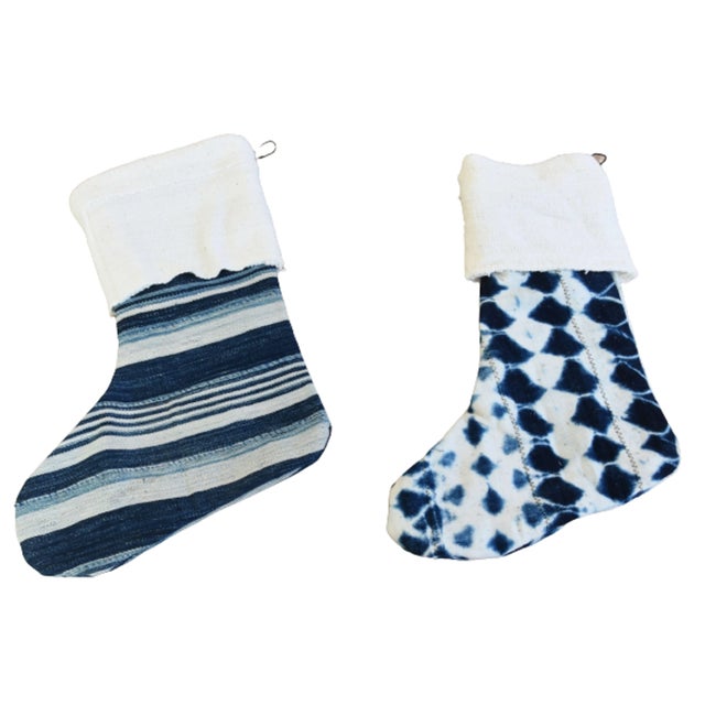 Early 21st Century Blue & White One-Of-A-Kind African Textile Christmas Stockings, S/2 For Sale - Image 5 of 9