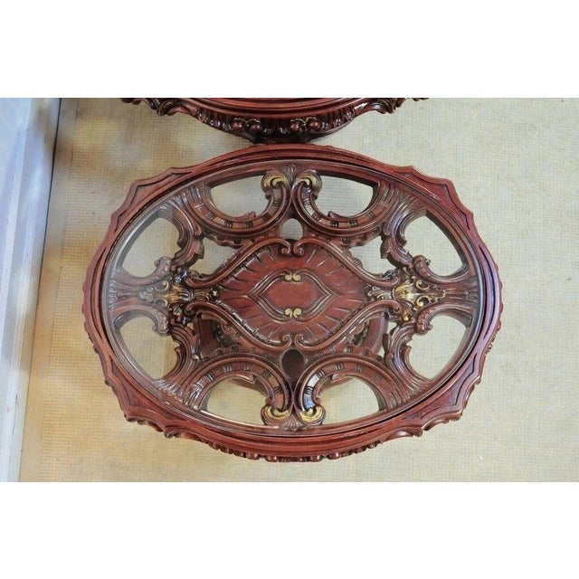 Hollywood Regency Vintage Mediterranean Style Carved Syroco Glass Top Round Low End Tables - Pair For Sale - Image 3 of 10