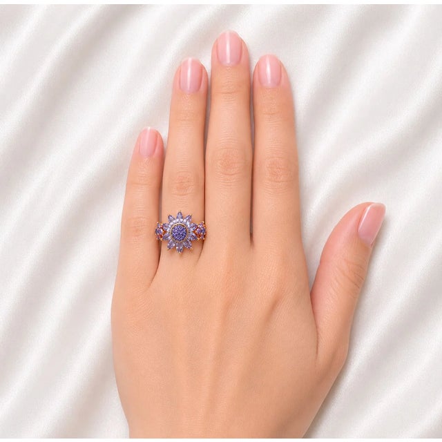 Art Deco 14K Pink Rose Gold Estate Iolite Tanzanite Sunflower Band Ring For Sale - Image 3 of 3