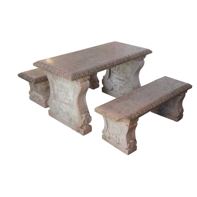 Italian Vintage Italian Granite Carved Stone Outdoor Picnic Dining Table & Benches 50" For Sale - Image 3 of 12