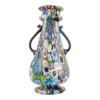 Antique Fratelli Toso Murano Millefiori Flower Mosaic Italian Art Glass Large Double Handles Vase For Sale