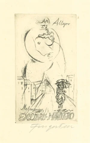 Ex Libris Allegro Melanconico Etching by Michel Fingesten, 1930s